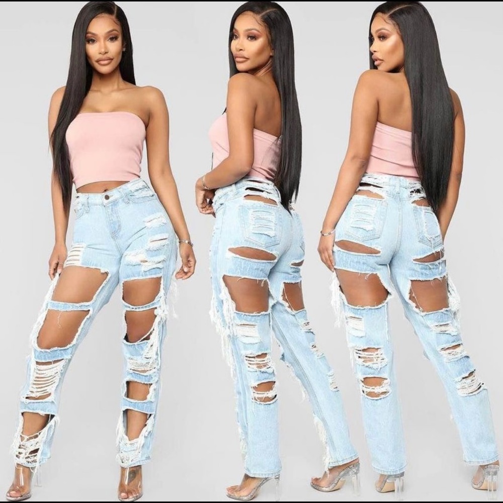 Fashion Nova Light Wash Distressed Denim High-Waisted Statement Blue Jeans